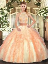  Halter Top Sleeveless Criss Cross Quinceanera Gown Gold Tulle