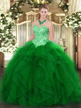  Green Sleeveless Floor Length Appliques and Ruffles Lace Up Sweet 16 Quinceanera Dress