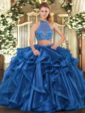  Blue Organza Criss Cross Halter Top Sleeveless Floor Length Sweet 16 Dresses Beading and Ruffled Layers