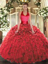 Custom Fit Red Sleeveless Organza Lace Up Quinceanera Gowns for Military Ball and Sweet 16 and Quinceanera