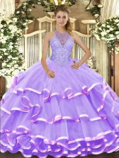 Wonderful Lavender Organza Lace Up Halter Top Sleeveless Floor Length Quinceanera Dresses Beading and Ruffled Layers
