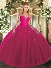  Long Sleeves Floor Length Lace Lace Up Quinceanera Gowns with Hot Pink
