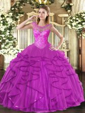  Fuchsia Sweetheart Neckline Beading and Ruffles Ball Gown Prom Dress Sleeveless Lace Up