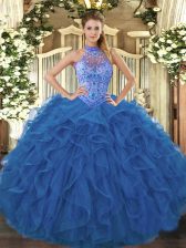  Sleeveless Beading and Embroidery and Ruffles Lace Up Quinceanera Gown