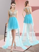 Amazing Sleeveless Sweep Train Lace Up High Low Beading Prom Evening Gown