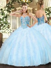 Suitable Sleeveless Tulle Floor Length Lace Up 15th Birthday Dress in Light Blue with Beading and Ruffles