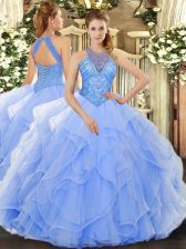 Luxurious Beading and Ruffles Quinceanera Gown Light Blue Lace Up Sleeveless Floor Length