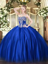  Floor Length Royal Blue Quince Ball Gowns Satin Sleeveless Beading