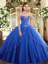 Excellent Blue Sweetheart Lace Up Appliques and Embroidery Quince Ball Gowns Brush Train Sleeveless