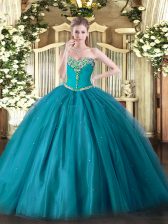 Edgy Teal Ball Gowns Tulle Sweetheart Sleeveless Beading Floor Length Lace Up Quince Ball Gowns