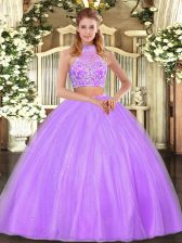 Custom Design Floor Length Lilac Sweet 16 Quinceanera Dress Tulle Sleeveless Beading