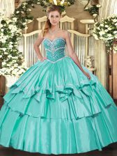 Popular Apple Green Organza and Taffeta Lace Up Sweet 16 Dresses Sleeveless Floor Length Beading and Ruffled Layers