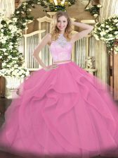  Floor Length Zipper Quinceanera Gowns Rose Pink for Military Ball and Sweet 16 and Quinceanera with Lace and Ruffles