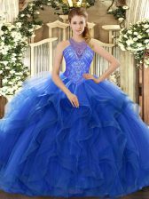  Sleeveless Organza Floor Length Lace Up Vestidos de Quinceanera in Blue with Beading and Ruffles