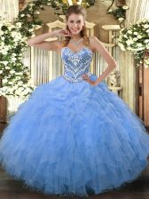  Sweetheart Sleeveless Vestidos de Quinceanera Floor Length Beading and Ruffles Aqua Blue Tulle