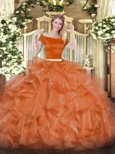  Orange Red Short Sleeves Organza Zipper Quinceanera Dress for Military Ball and Sweet 16 and Quinceanera