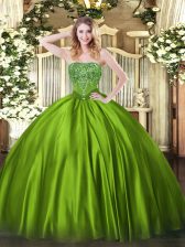 Eye-catching Olive Green Ball Gowns Beading Quinceanera Gown Lace Up Satin Sleeveless Floor Length