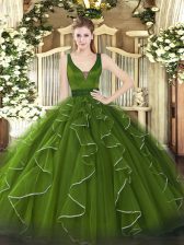  Olive Green Lace Up Ball Gown Prom Dress Beading and Ruffles Sleeveless Floor Length