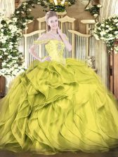Spectacular Olive Green Lace Up Off The Shoulder Beading and Ruffles Quince Ball Gowns Organza Sleeveless