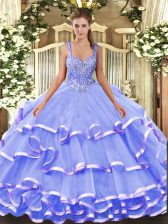 Cute Lavender Straps Neckline Beading and Ruffled Layers Sweet 16 Dresses Sleeveless Lace Up