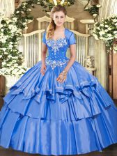 Exceptional Floor Length Lace Up Quinceanera Dress Baby Blue for Military Ball and Sweet 16 and Quinceanera with Beading and Ruffled Layers