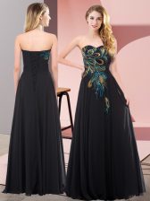  Chiffon Sweetheart Sleeveless Lace Up Embroidery Prom Party Dress in Black