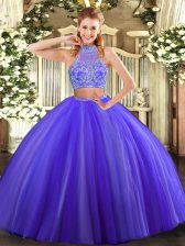 Suitable Sleeveless Floor Length Beading Criss Cross Ball Gown Prom Dress with Purple