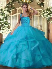 Designer Sleeveless Floor Length Ruffles Lace Up 15 Quinceanera Dress with Baby Blue
