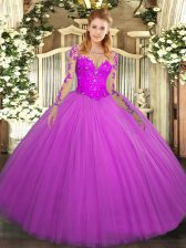 Fitting Ball Gowns Quinceanera Gowns Fuchsia Scoop Tulle Long Sleeves Floor Length Lace Up