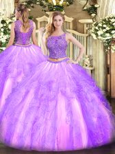 Edgy Lavender Sleeveless Floor Length Beading and Ruffles Lace Up 15 Quinceanera Dress