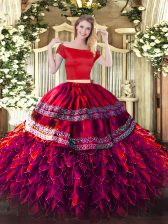 Romantic Fuchsia Short Sleeves Floor Length Embroidery and Ruffles Zipper Quince Ball Gowns