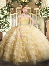  Sweetheart Sleeveless Zipper Vestidos de Quinceanera Gold Tulle