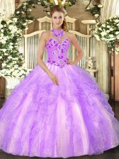 Edgy Lilac Halter Top Neckline Embroidery 15th Birthday Dress Sleeveless Lace Up