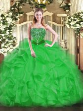 Affordable Strapless Sleeveless Lace Up Quinceanera Gowns Green Organza