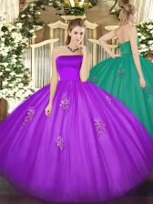 Unique Eggplant Purple Sleeveless Appliques Floor Length Sweet 16 Quinceanera Dress