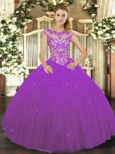  Eggplant Purple Tulle Lace Up Scoop Sleeveless Floor Length 15 Quinceanera Dress Beading and Appliques
