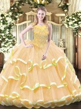 Pretty Gold Ball Gowns Scoop Sleeveless Organza Floor Length Zipper Beading and Ruffled Layers Vestidos de Quinceanera