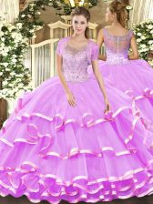 Fancy Lilac Scoop Neckline Beading and Ruffled Layers Quinceanera Gowns Sleeveless Clasp Handle