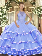 Glamorous Blue Sweet 16 Dresses Military Ball and Sweet 16 and Quinceanera with Beading and Ruffled Layers Halter Top Sleeveless Lace Up