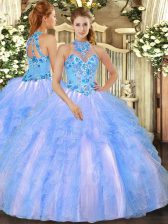 Fantastic Halter Top Sleeveless Ball Gown Prom Dress Floor Length Embroidery and Ruffles Baby Blue Organza