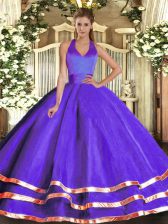 Dynamic Purple Ball Gowns Halter Top Sleeveless Tulle Floor Length Lace Up Ruffled Layers Sweet 16 Dresses