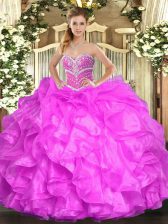  Fuchsia Organza Lace Up Sweetheart Sleeveless Floor Length Quince Ball Gowns Beading and Ruffles