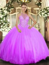  Lilac Halter Top Lace Up Beading Sweet 16 Dress Sleeveless
