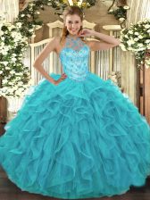 Amazing Aqua Blue Ball Gown Prom Dress Military Ball and Sweet 16 and Quinceanera with Beading and Embroidery and Ruffles Halter Top Sleeveless Lace Up