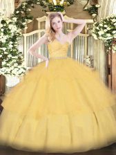 Chic Floor Length Gold Quinceanera Dresses Tulle Sleeveless Beading and Lace and Ruffled Layers