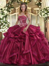 Modern Sleeveless Floor Length Beading and Ruffles Lace Up 15th Birthday Dress with Red