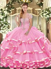 Cheap Rose Pink Sleeveless Appliques and Ruffled Layers Floor Length Sweet 16 Dress