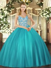  Teal Sleeveless Tulle Lace Up Quinceanera Gown for Sweet 16 and Quinceanera