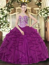  Fuchsia Lace Up Ball Gown Prom Dress Beading and Ruffles Sleeveless Floor Length