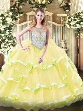 Sleeveless Organza Floor Length Zipper Sweet 16 Dress in Yellow Green and Light Yellow with Beading and Ruffled Layers